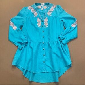 Tasha Polizzi Embroidered Cotton/Linen Button Down Peplum Top Size Small